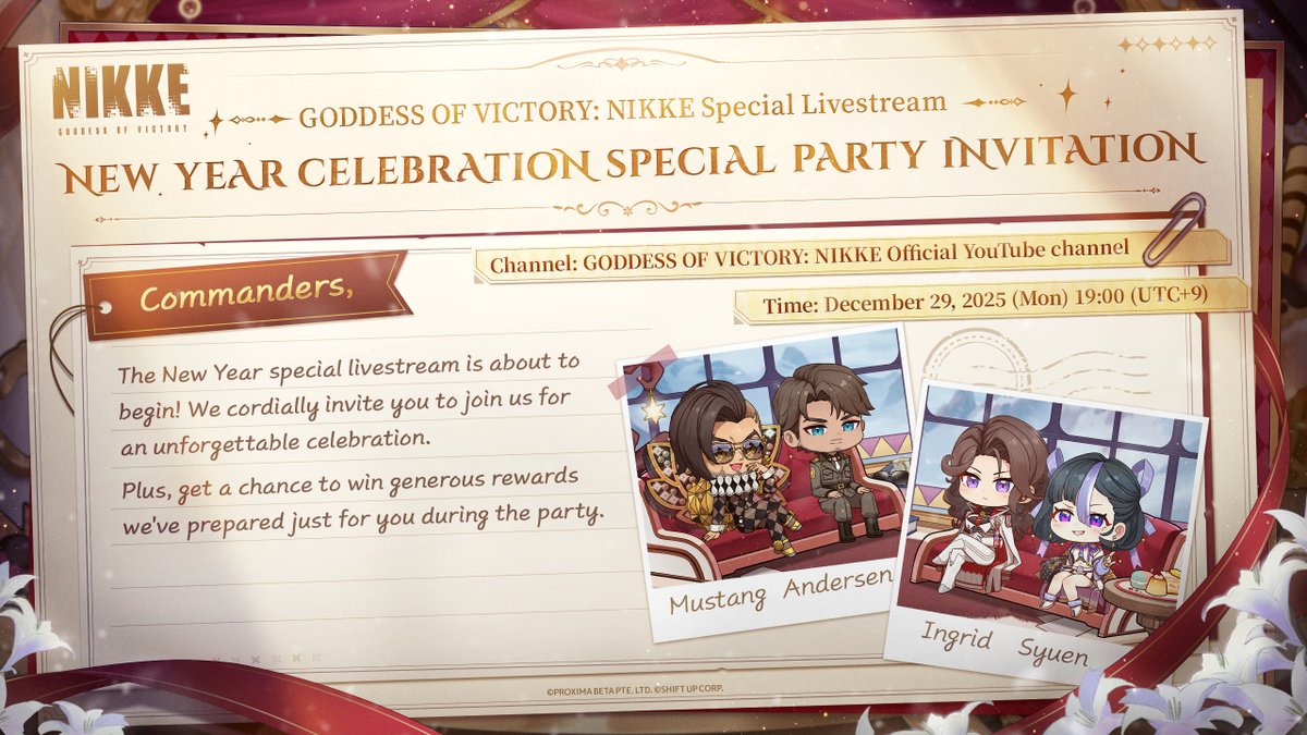 NIKKE_en's tweet image. 【Invitation: Year-End Special Livestream】

Special Hosts Revealed! 
All Commanders are invited to join the NIKKE Year-End Special Livestream and celebrate the end of the year together!

Date &amp;amp; Time:
📅 December 29, 2025, at 19:00 (UTC+9)
*Countdown will run from 18:40 to 19:00…