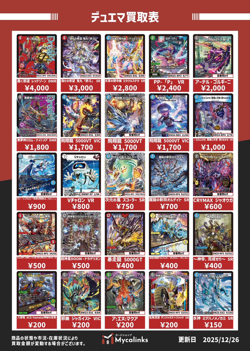 デュエルマスターズ 🔥汎用カード・ノーマルカード買取表🔥 最新買取表