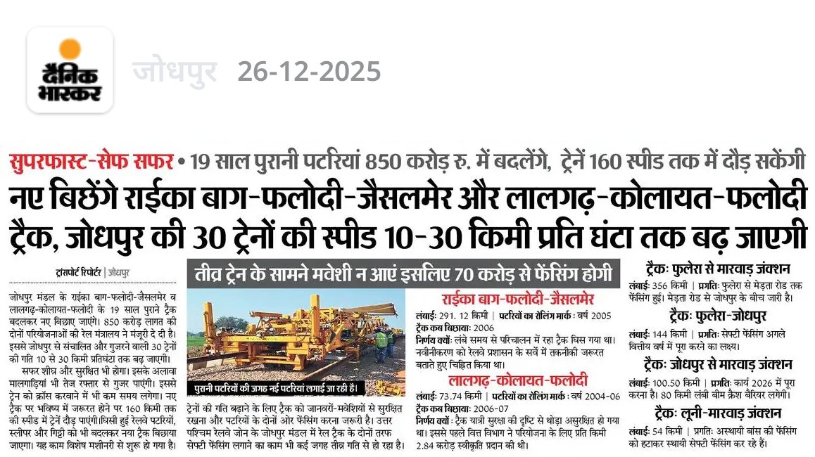 🔸नए बिछेंगे राईका बाग-फलोदी-जैसलमेर और लालगढ़-कोलायत-फलोदी ट्रैक, जोधपुर की 30 ट्रेनो की स्पीड 10-30 Kmph तक बढ़ जाएगी
🔸19 साल पुरानी पटरियां 850 Cr मे बदलेंगे, ट्रेने 160 स्पीड तक मे दौड़ सकेंगी
🔸तीव्र ट्रेन के सामने मवेशी न आएं इसलिए 70 Cr से फेंसिंग होगी
#IndianRailways