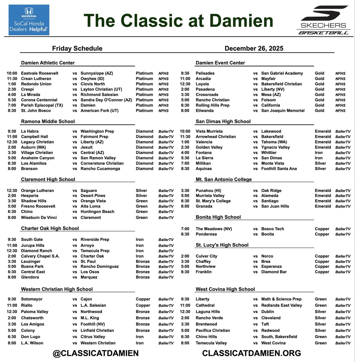 ClassicAtDamien's tweet photo. Merry Christmas from The Classic at Damien!🏀🎄
Day 1 of the 2025 Classic tips off tomorrow with 72 Games! Complete Day 1 Schedule below! Don't miss the ELITE action all day long!🔥🏀
Bracket updates found on our tournament website below!⬇️⬇️ https://t.co/JlxOQ1y9SZ