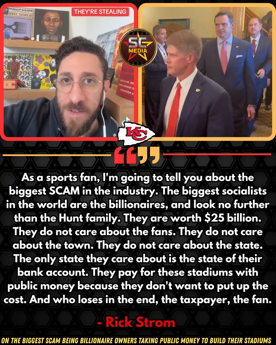 StarcadeMediaKC's tweet image. Journalist Rick Strom talks about the biggest SCAM being billionaire owners &amp;amp; their stadiums. 

via | TikTok rickstrom