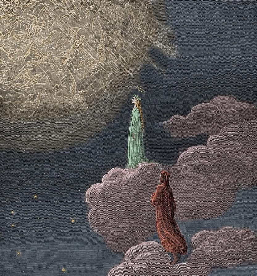 Dante and Beatrice ascending into the Sphere of Mars, the fifth heaven. Paradiso Canto 14, Illustration by Gustave Doré.