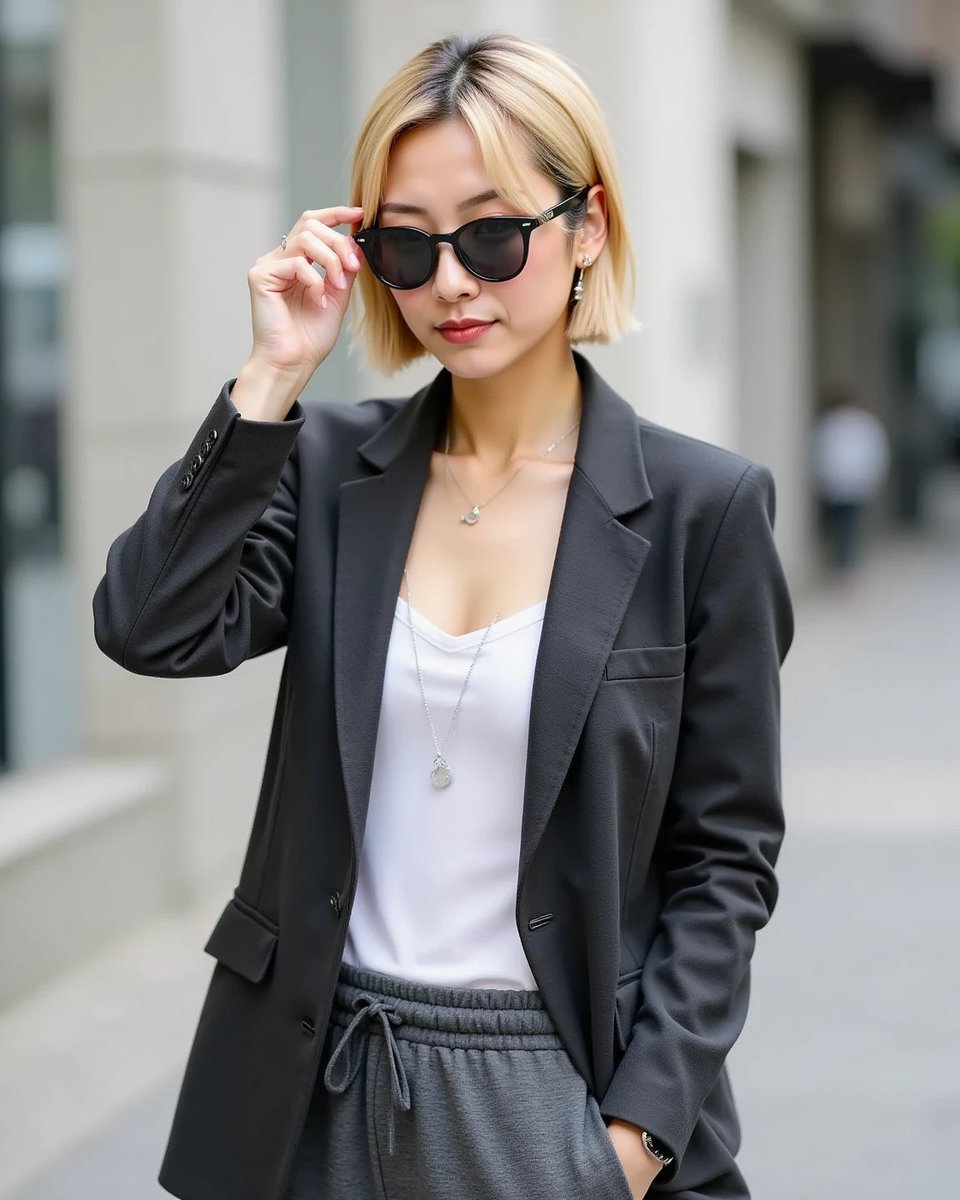 ai_womensjp's tweet image. Effortless city style. ☕👟
Mixing a sharp tailored blazer with track pants. The perfect balance of comfort and chic.
• ジャケット×ジャージで大人の抜け感を。
• #AIart #ai_worldjp #Athleisure #StreetStyle #SportyChic #OOTD #FLUX1 #StableDiffusion