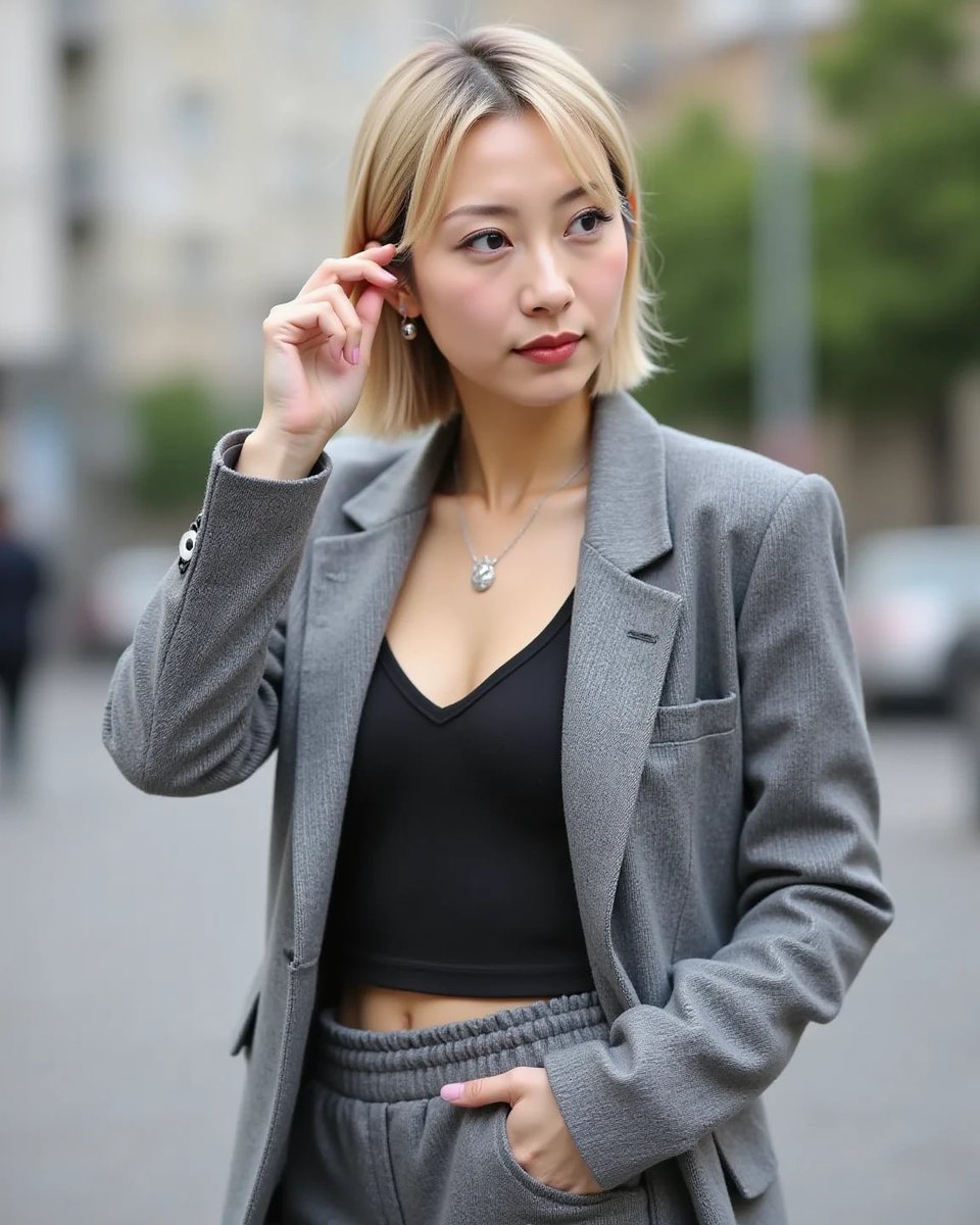 ai_womensjp's tweet image. Effortless city style. ☕👟
Mixing a sharp tailored blazer with track pants. The perfect balance of comfort and chic.
• ジャケット×ジャージで大人の抜け感を。
• #AIart #ai_worldjp #Athleisure #StreetStyle #SportyChic #OOTD #FLUX1 #StableDiffusion
