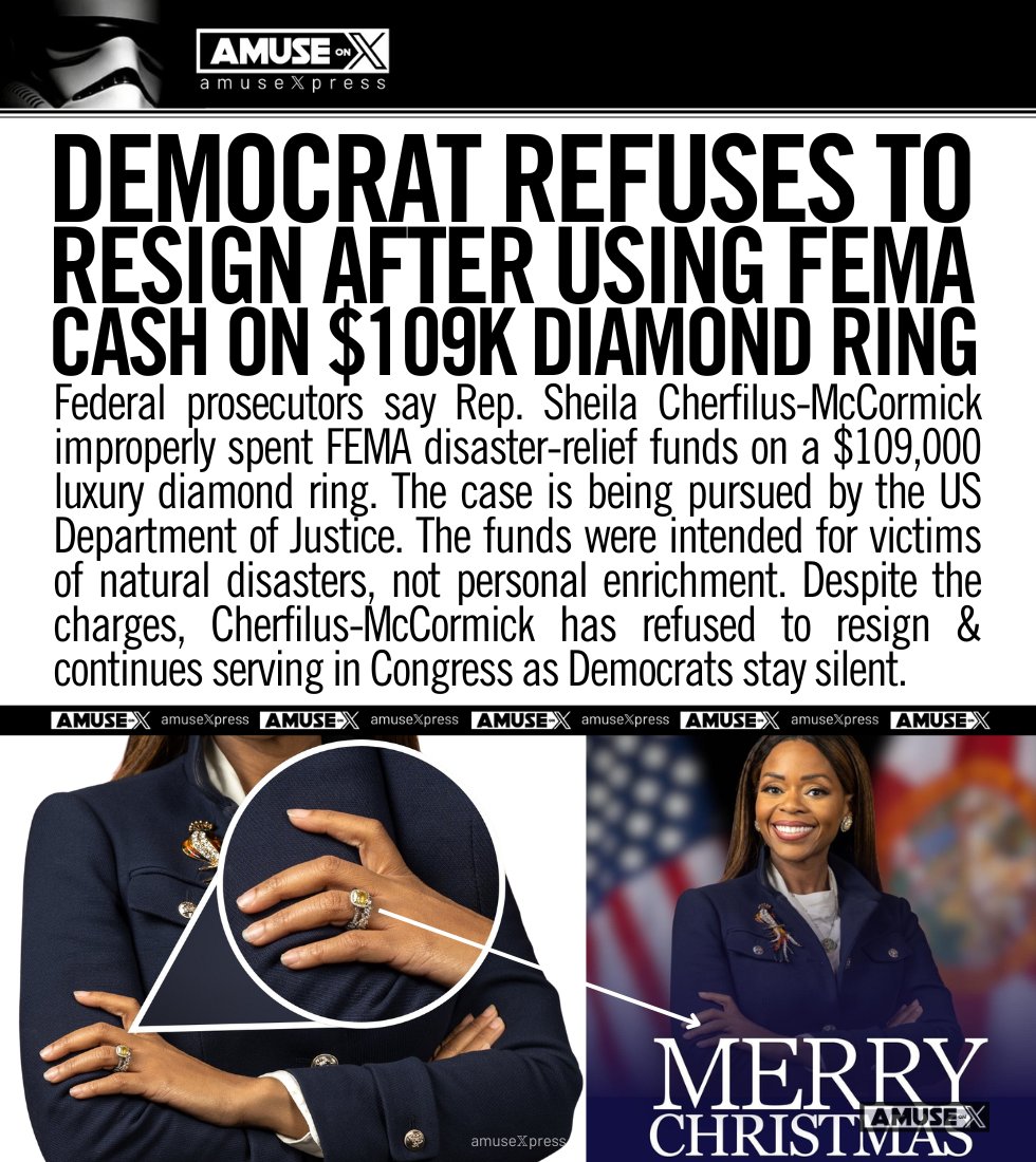 amuse's tweet image. CORRUPTION: FEMA money for disaster victims allegedly bought a $109,000 diamond ring for Democrat Rep. Sheila Cherfilus-McCormick. DOJ is prosecuting. She refuses to resign and continues to wear the ring...