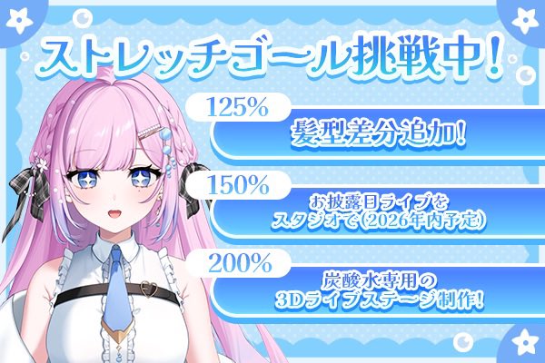 ˗ˏˋクラファンストレッチゴールに挑戦します📢ˎˊ˗

▫️125% 髪型差分追加
▫️150% お披露目ライブをスタジオで(2026年内予定)
▫️200% 炭酸水専用の3Dライブステージ制作

🆕追加プランを出しました.ᐟ.ᐟ

詳細は⇩
v-cro.jp/campaigns/4846

#12月のVtuberフォロー祭り 
#おはようVtuber