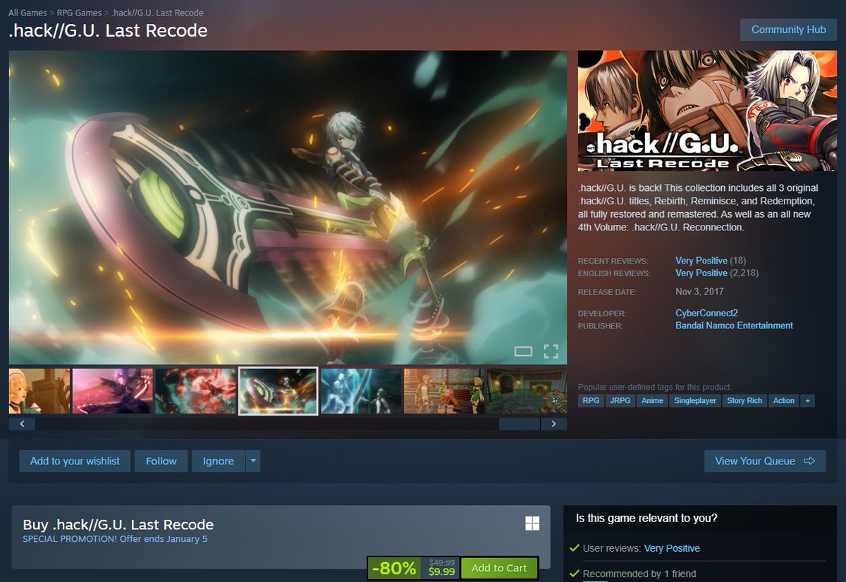 dothacknetwork's tweet image. .hack//G.U. Last Recode for PC Steam &amp;amp; Steamdeck now on sale for $9.99 till January 5th 2026, 80% off regular price.
store.steampowered.com/app/525480/hac…
#dothack #ドットハック