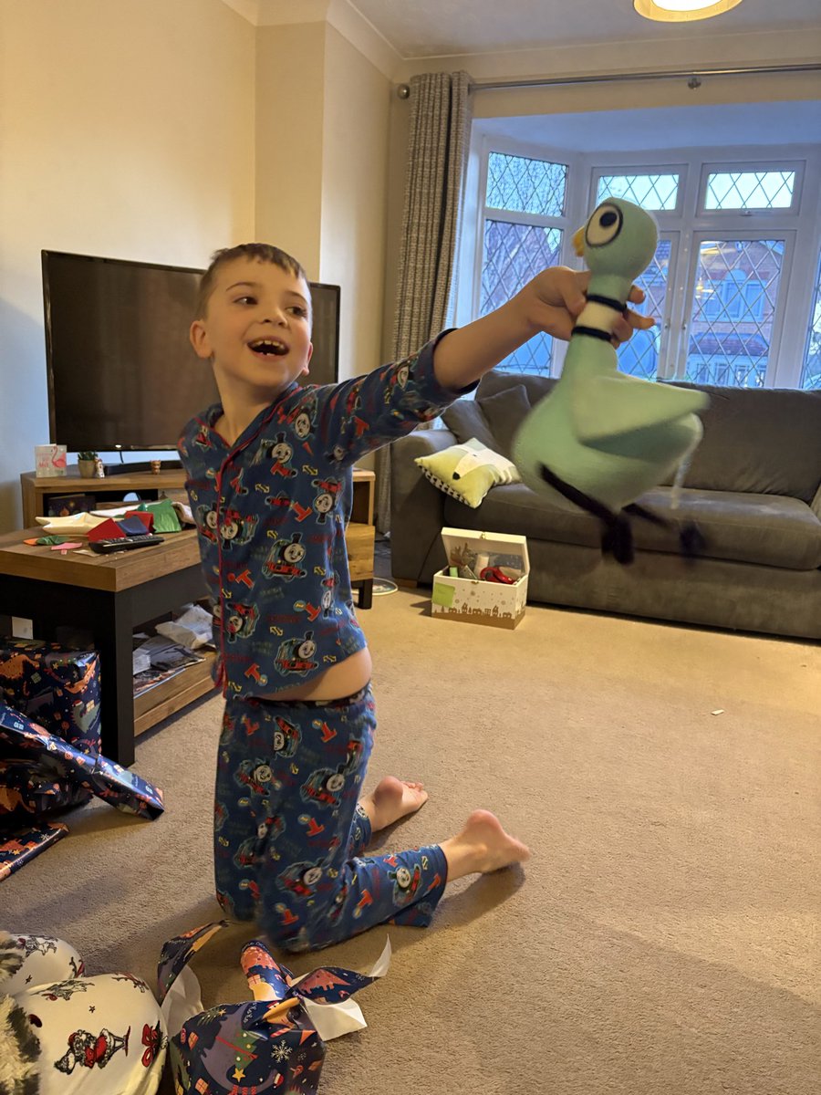 Fiona_Rowlands's tweet photo. He has his very own @The_Pigeon thanks to Santa. Absolute pure joy!! https://t.co/NfIwaU9cGp