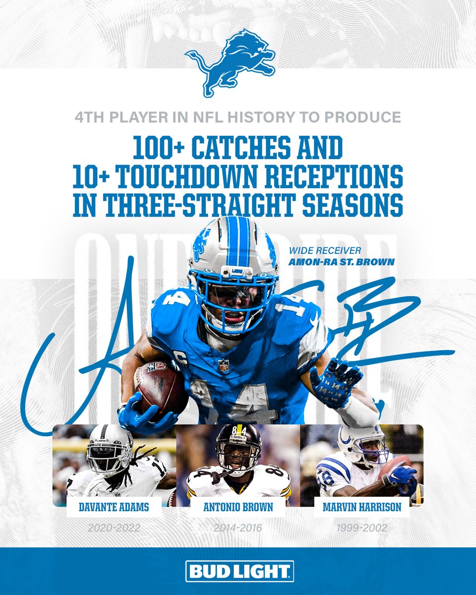 LionsPR's tweet photo. .@Lions WR @amonra_stbrown is the 4th player in @NFL history to produce 100+ receptions and 10+ TD catches in three-straight seasons, joining:

- Davante Adams (2020-22)
- Antonio Brown (2014-16)
- Marvin Harrison (1999-2002)

#OnePride https://t.co/H6ZLpAVEpC
