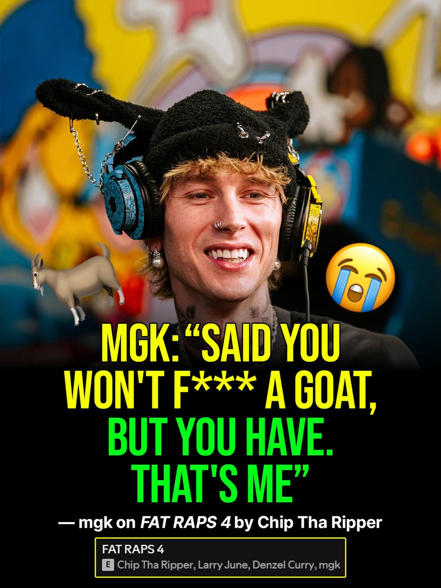 mgkmagic's tweet image. mgk: "Said you won't f--- a goat, but you have. That's me" 😭🐐
mgk the GOAT just dropped his most unserious rap on Chip Tha Ripper's "FAT RAPS 4." The song also features Denzel Curry and Larry June. It is a track on Chip Tha Ripper's new album, "Rapping Paper (Gift Raps 2)."
📸