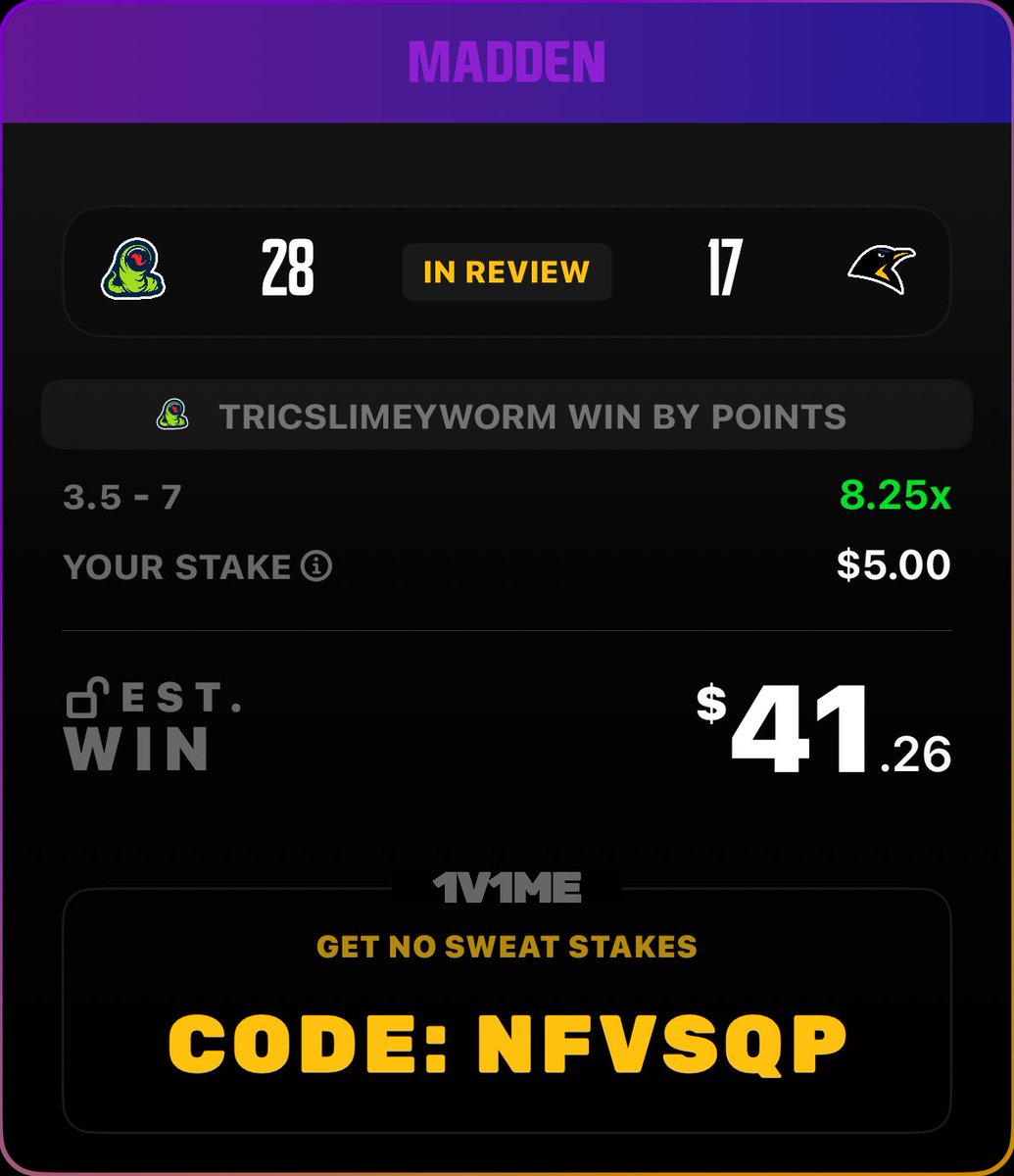 Join me on 1v1Me and get a $25 No Sweat Stake. Use my link or code NFVSQP when you sign up! 1v1.me