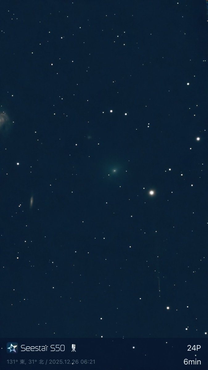 _hasimo's tweet photo. 天気が良かったので、気まぐれでピークの近いショーマス彗星（24P）を初撮影。所感：ぼんやり輝くタイプの彗星（画像中央）でした。以前撮ったレモン彗星の姿が立派すぎて、他の彗星が霞んで見えます。 https://t.co/Q0DptHd9Rs