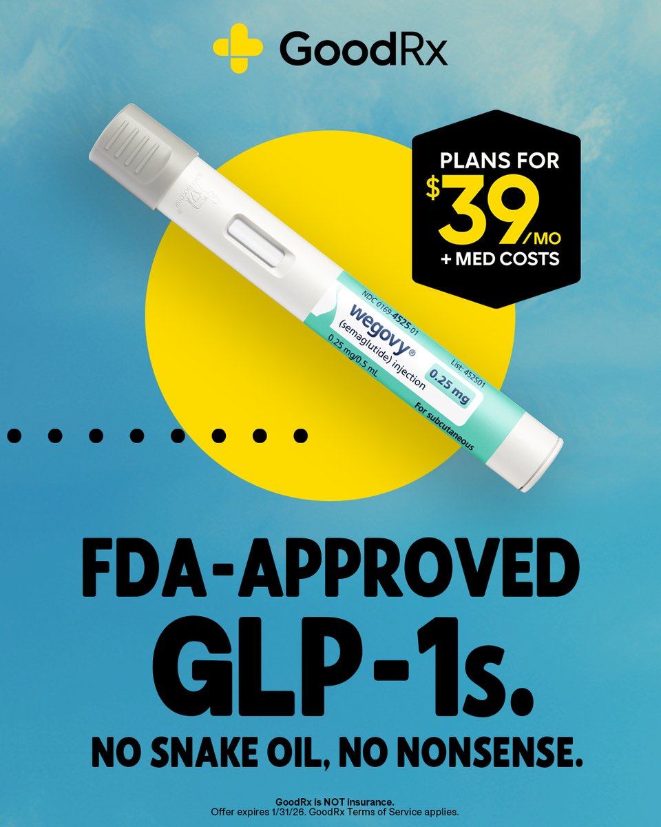 GoodRx's tweet image. Get FDA-approved GLP-1s from GoodRx, lickety-split. No hidden fees, no gimmicks, and nothin’ ya don’t need. Learn more: goodrx.co/3YuwE0B.