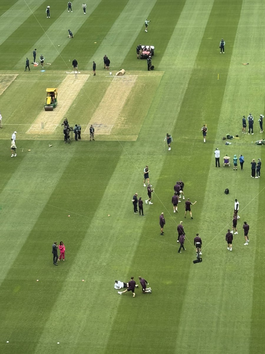 Aussies are doing catching practice. Poms are having a kick of a soccer ball. Maybe this sums up the preparation of the teams?