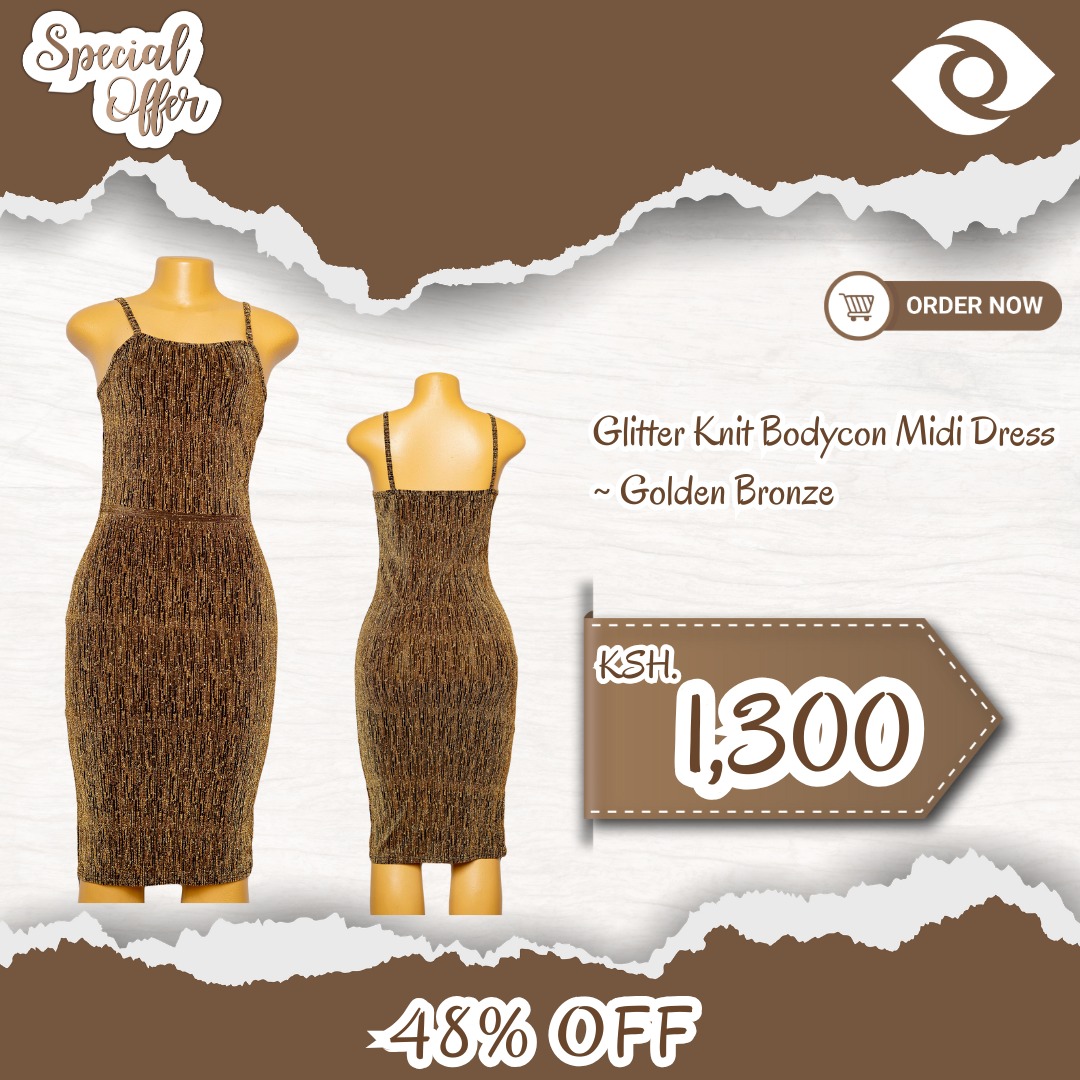 Golden hour every hour in our free-suze Golden Bronze Glitter Knit Bodycon Midi Dress!  48% off ~ only Ksh 1,300. Perfect for that festive vibe. ! Click link and glow up ~ bit.ly/48Vuptc

#bodycondress #partydresses #nyeoutfit #MtKenyaSpeaks