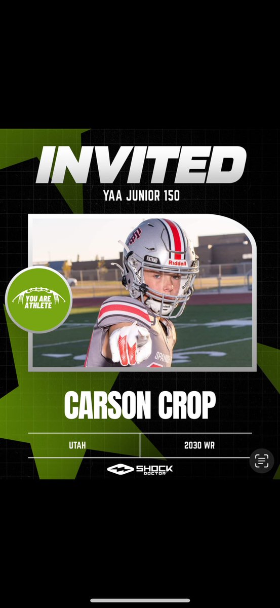 CarsonCropATH's tweet image. Appreciate the invite to the YAA Junior 150! Looking forward to competing in Vegas.  

@Andy_Pham1 @PrepRedzoneUT @youareathlete @ballersinutah @stroformance