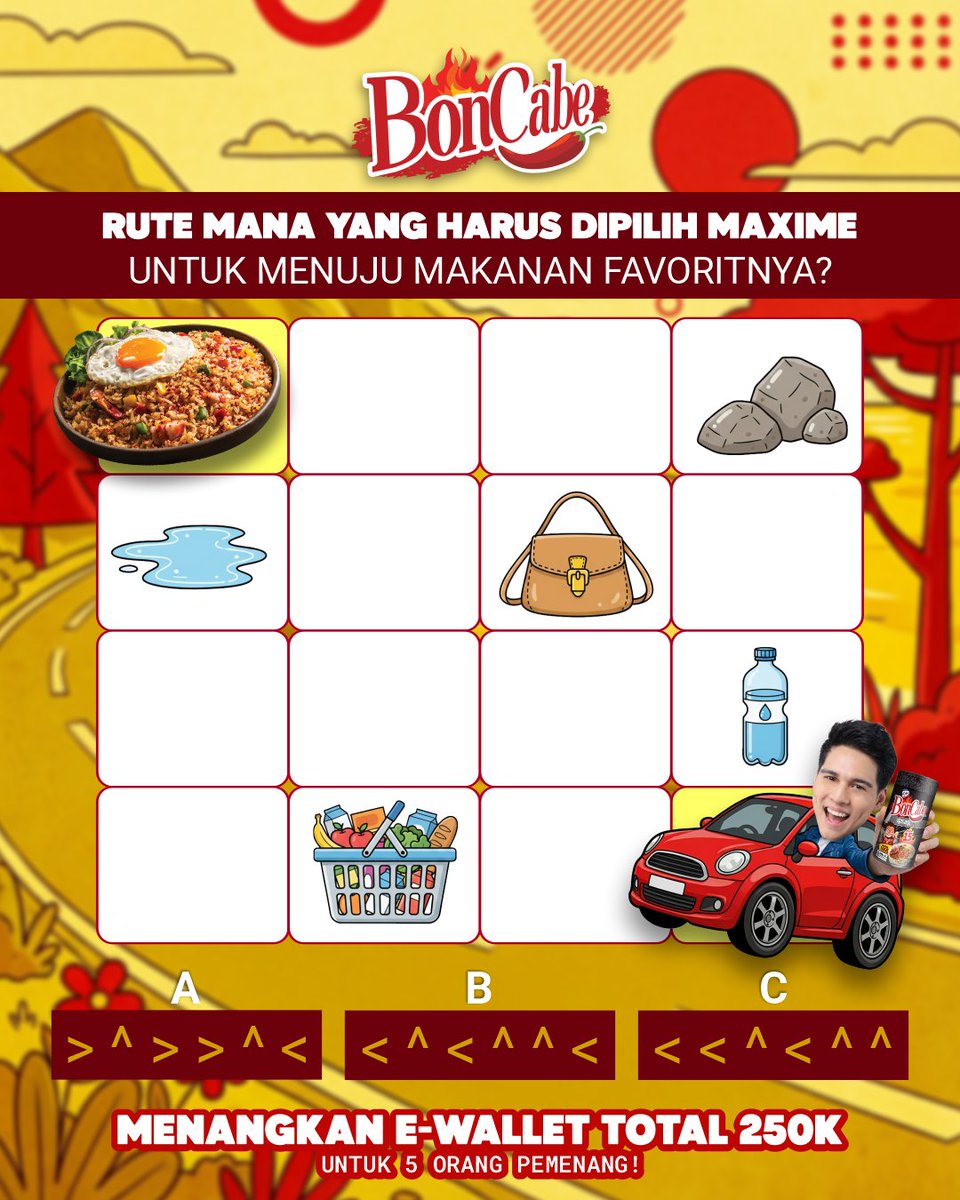 BonCabe's tweet image. Rute mana yang harus dipilih Maxime untuk menuju makanan favoritnya? 🤔

Tulis jawaban kalian di kolom komen dan menangkan hadiah e-wallet total 250k untuk 5 pemenang! 😌