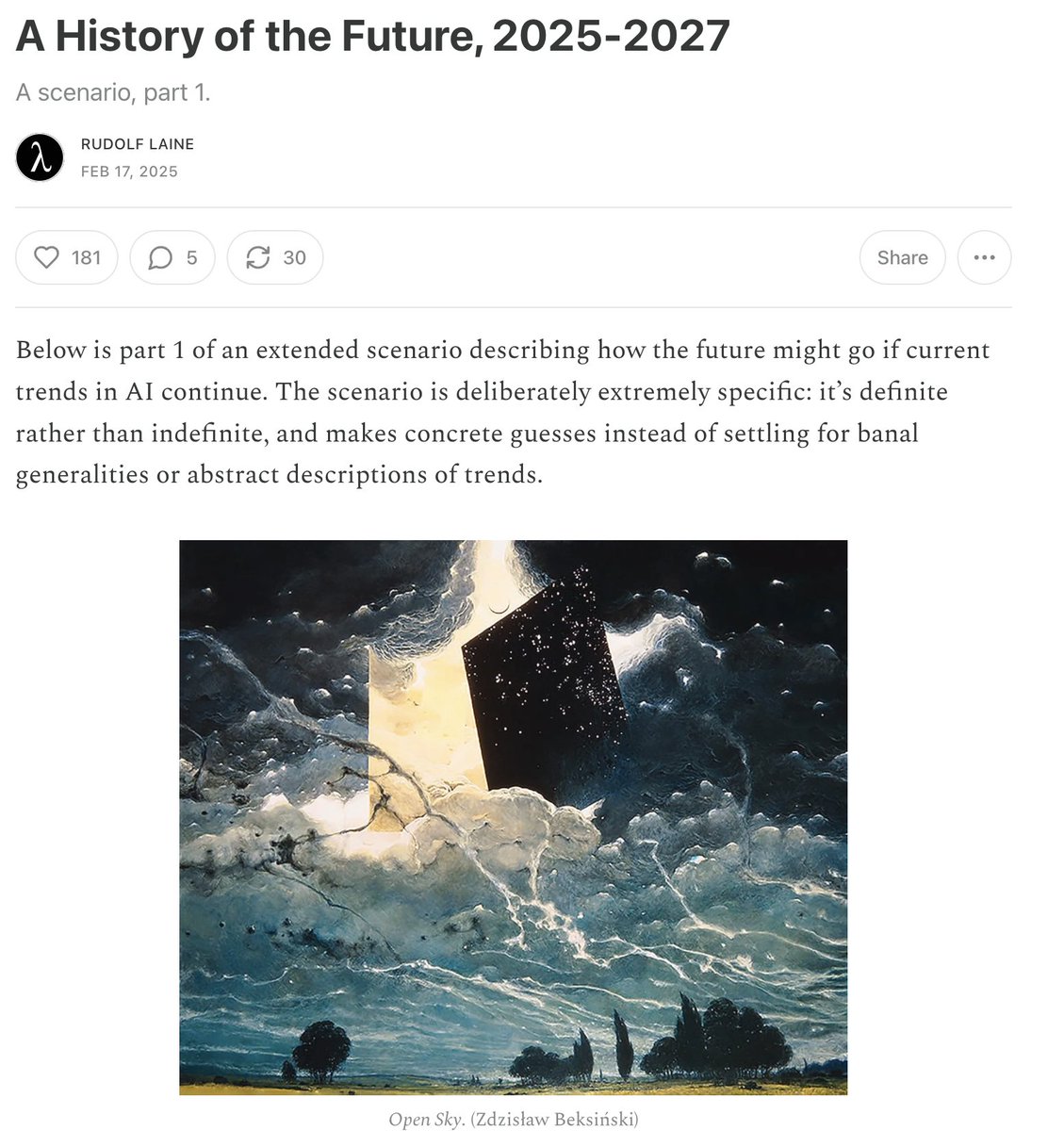 LRudL_'s tweet photo. In February I tried to write a scenario depicting an internally-consistent rollout of roughly-median-aggressiveness AI progress and its effects on society. How is it comparing to reality?

(see bio for link to my bl0g, which has the scenario on the front page) https://t.co/p6UofrwEDn