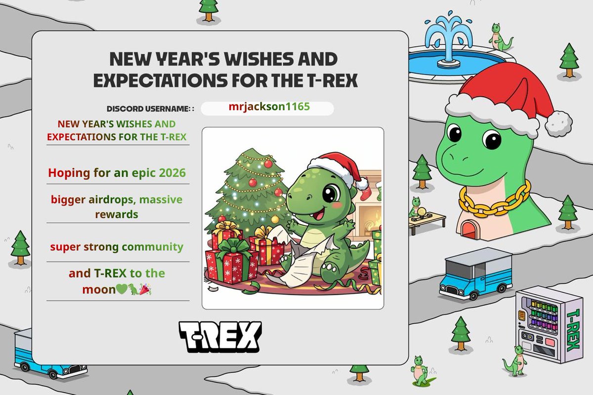 zulatest74's tweet image. Roaring into #REXmas with the best community! 🦖🎄   Cheers to a legendary 2026: bigger rewards, stronger network, and T-REX to the moon! 🚀   Merry Christmas everyone!   #REXmas @godtrust666 @Mjtby156417 @TREX_chain