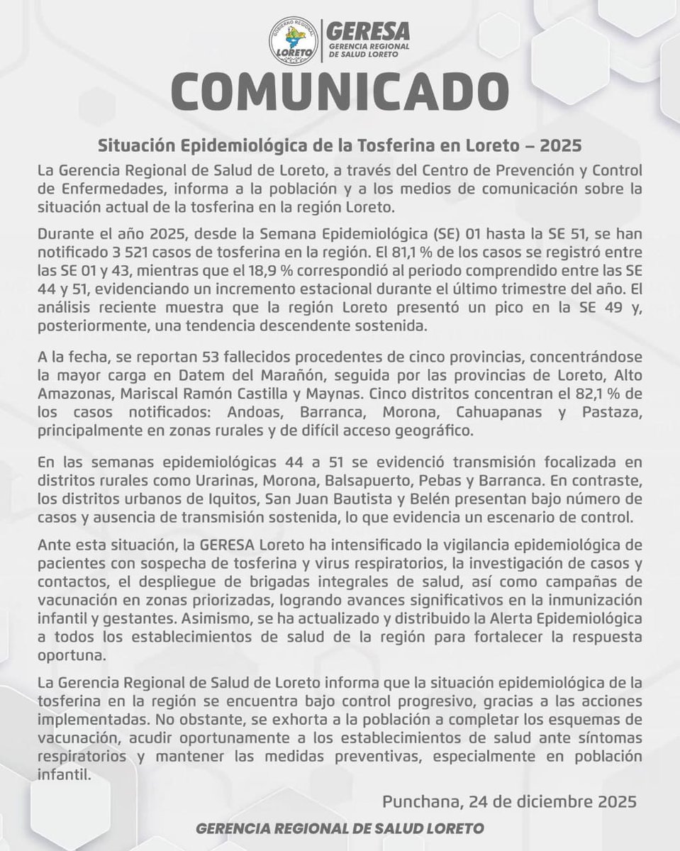 percyminaya's tweet photo. El GORE Loreto reconoció el fallecimiento de 53 niños a causa de  una epidemia de Tos Ferina que recorre nuestra Amazonía afectando principalmente a las comunidades indígenas, y que es producto de bajas coberturas de inmunizacion, y un primer nivel de atencion de salud precario. https://t.co/e0A7ljDeRE