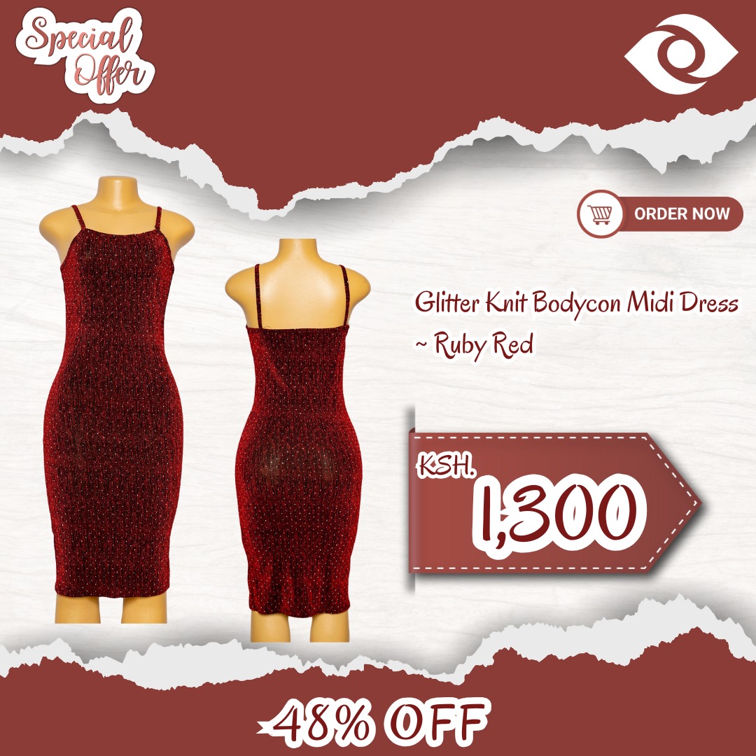 Hug your curves in this free-size, ruby-red 𝐆𝐥𝐢𝐭𝐭𝐞𝐫 𝐤𝐧𝐢𝐭 𝐁𝐨𝐝𝐲𝐜𝐨𝐧 𝐌𝐢𝐝𝐢 𝐃𝐫𝐞𝐬𝐬𝐞𝐬 that's party-ready and wallet-friendly. Down to Ksh 1,300 (48% off)! Click link and glow up ~ bit.ly/4axJ4Mk

#bodycondress #partydresses #nyeoutfit #MtKenyaSpeaks