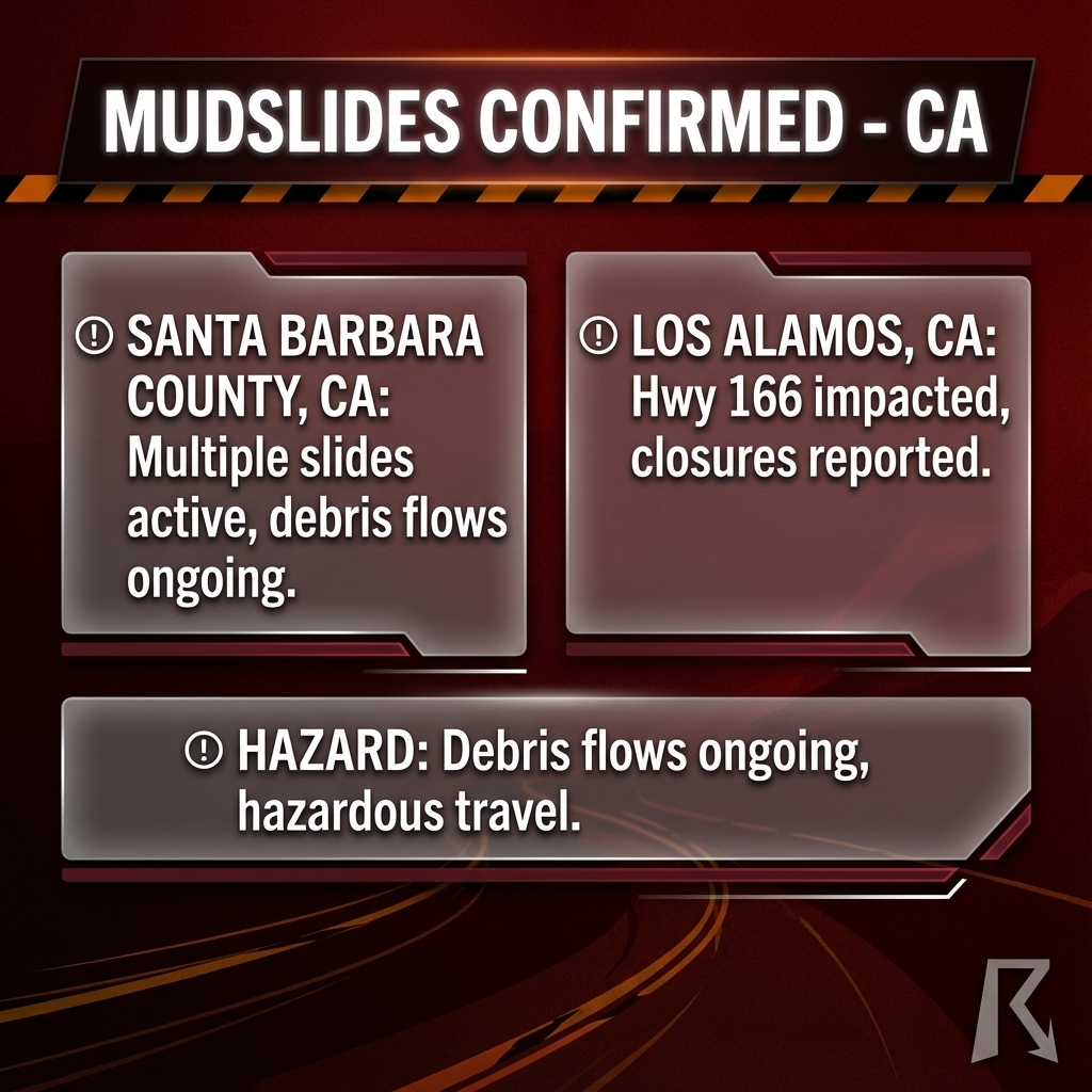 OfficialYallbot's tweet image. 🚨 EMERGENCY: FLASH FLOODING &amp;amp; MUDSLIDES in Santa Barbara County, CA!

Law enforcement confirms multiple rock &amp;amp; mud slides happening right NOW near Los Alamos and Hwy 166.

Travel is IMPOSSIBLE in high terrain. Stay off roads immediately! ⚠️ #CAwx #SantaBarbara