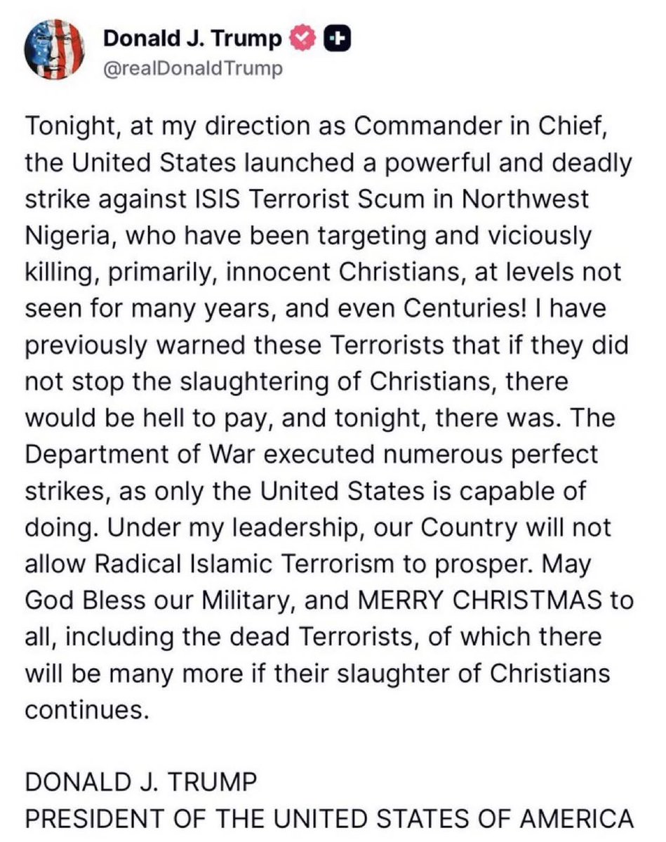 Χτύπημα των ΗΠΑ κατά του ISIS στην βορειοδυτική Νιγηρία, προς υπεράσπιση των χριστιανικών πληθυσμών.