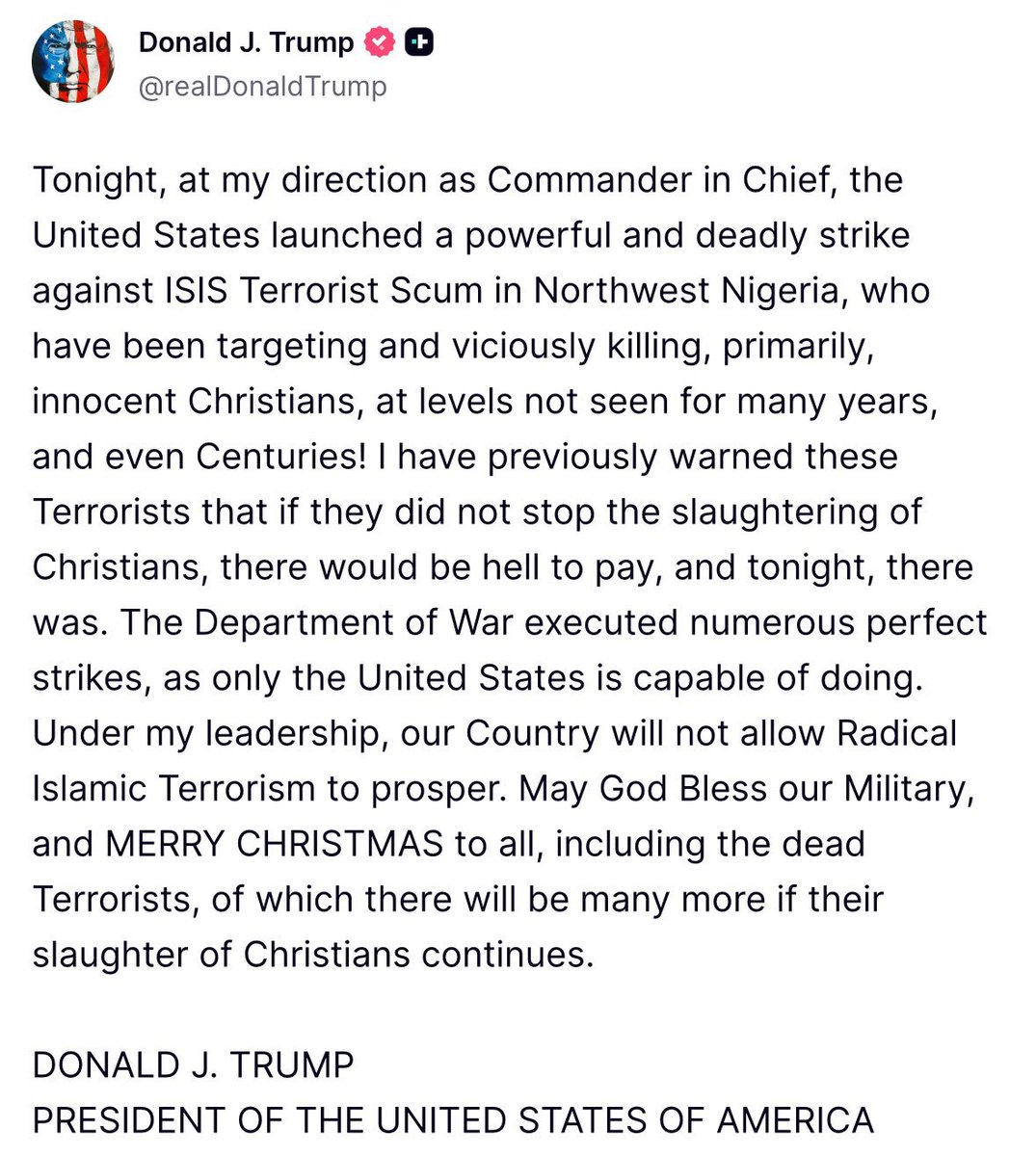 Merry Christmas, DJT. Keep doing what you’re doing we love and support you get rid of all the scum.