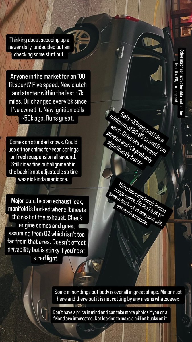 clapped36's tweet image. New England area, anyone wanna scoop a Fit maybe? Decent little car I just commute so far for work and want something a bit more spacious