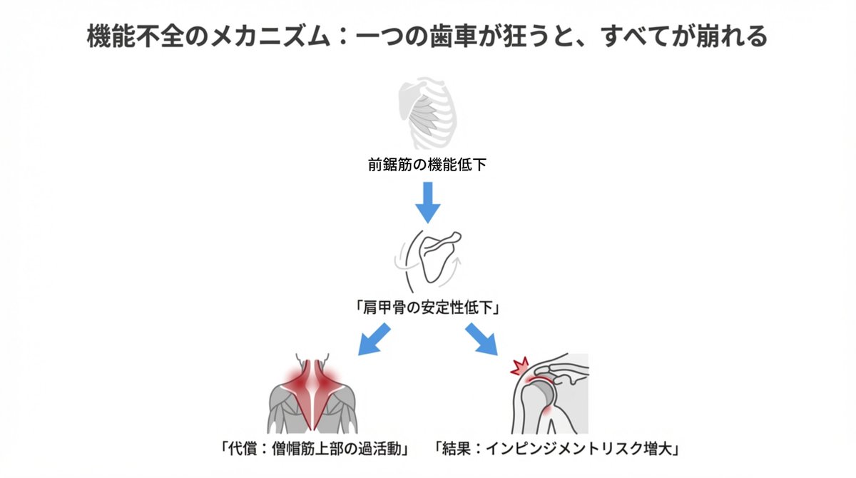 kikuty_training's tweet photo. 【前鋸筋が抜けてるかチェックリスト】

□ 四つ這いで肩甲骨の内側が浮く
□ プッシュアップで肩が詰まる感じがする
□ 腕を上げると肩の前側が痛い
□ 猫背や巻き肩を指摘される
□ ベンチプレスで肩を痛めやすい

3つ以上なら前鋸筋が機能してない可能性が高い

キクティーフォロワーならもうわかると思うけど
前鋸筋っていうのは                                              

肩甲骨を胸郭に貼り付ける役割がある

この貼り付きがあるからこそ、
肩や腕を動かす時の土台が安定する

▼前鋸筋が弱いとどうなるか？

地獄のドミノ倒しが始まる

肩甲骨が胸郭から剥がれる
→小胸筋が短縮する
→肩甲骨が前傾して猫背化
→肩峰下のスペースが狭くなる
→腕を上げるたびに組織が挟まれる
→痛みが出やすくなる

気づいた？

最初の1枚が倒れただけで、
全部崩壊するんだよね

━━━━━━━━━━━━━━━━

▼じゃあどうするか

「腕の筋トレすればいいんでしょ？」

違う、それやると悪化する可能性がある

いきなり空中で腕を動かすのはNG

まず四つ這いかプランクで

「床を押して肩甲骨を引き離す」

動きから始める

ポイントは2つ

背骨は一直線のまま
肩甲骨だけが動く状態を目指す

「でも背中丸めた方が効きそう」

って先入観ある人もいるよね？

自分も昔そう思ってた

ただ丸めすぎると腹筋主導になって、前鋸筋が抜けがち

冒頭のチェックリスト3つ以上当てはまった場合は、
まずプランクで床を押すところから始めるといいよ

今一度遡って確認してね

あと一昨日ぐらいに、前鋸筋のもっと基礎のついてポストしてる