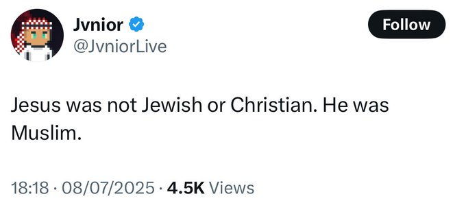 VividProwess's tweet image. No, he wasn’t. Jesus was Jewish.

Islam didn’t even exist.