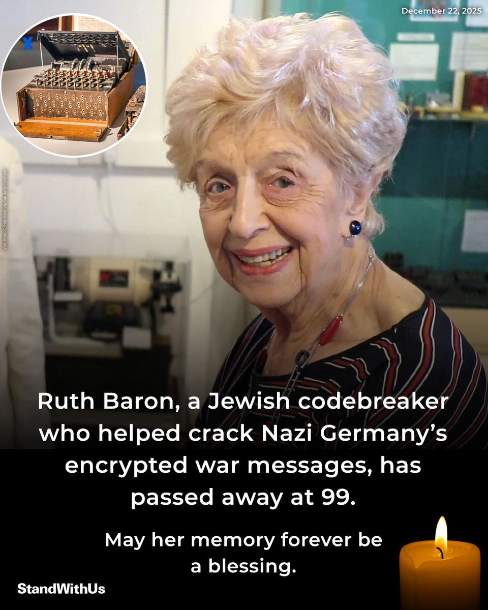 Mazelit_'s tweet image. Ruth Baron, 99, was a Jewish codebreaker who helped crack Nazi Germany’s Enigma machine and change the course of World War II. 

She passed away on December 22, just a few days ago.

She was one of the last surviving members of Bletchley Park—the British codebreaking center that…