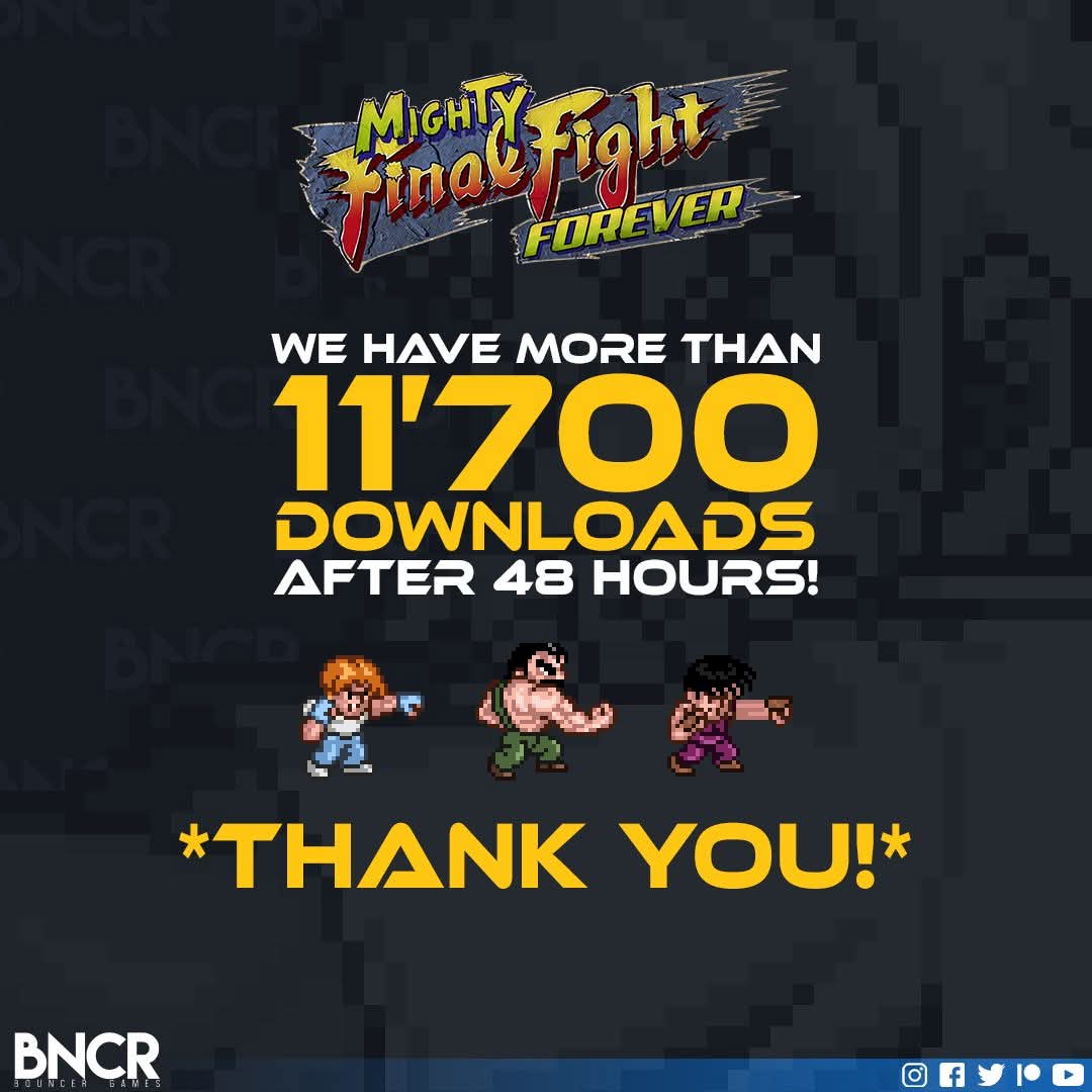 In 48 hours since the game was released, we managed to have more than 11'700downloads! Thank you for your interest, for not losing faith in all these years, and also for all the wonderful and sweet messages full of love that we receive from you.
#mightyfinalfightforever #mff4ever