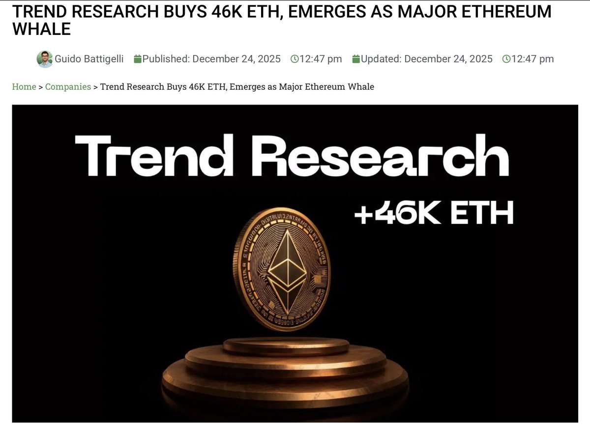 대형 호재: 🚨 이더리움(ETH) 10억 달러 대규모 매입 임박? Trend Research 창립자 Jack Yi의 폭탄 발언]  대박입니다. Trend Research의 Jack Yi(@Jackyi_ld)가 최근 “우리는 ETH를 추가로 10억 달러(약 1.3조  원) 매입할 자금을 준비
