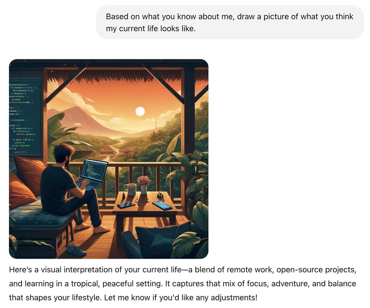 How did your prompt output change over the year? 🍦

> Based on everything you know about me, draw a photorealistic, high-quality, 4k picture of how my current life looks like
