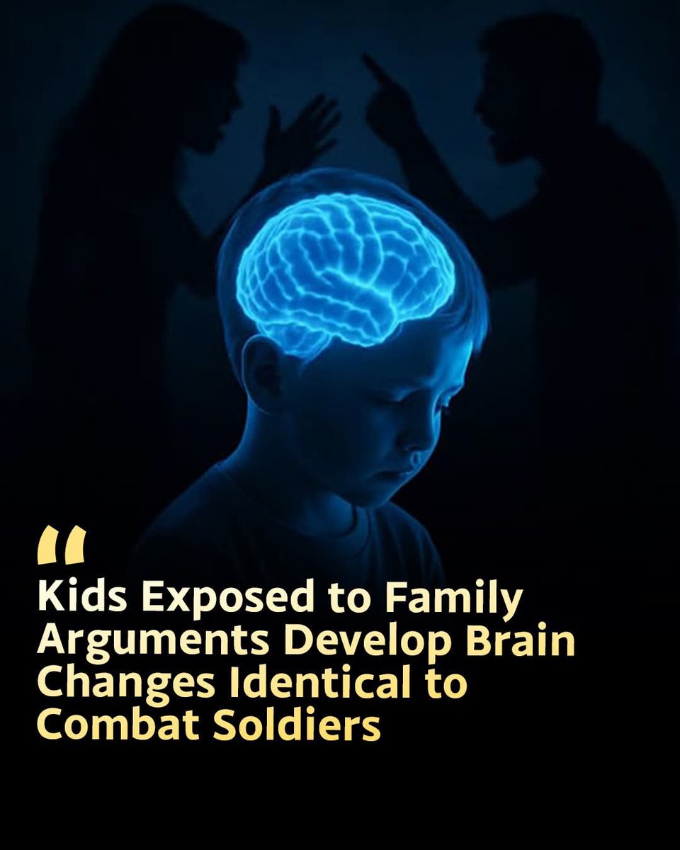 ShiningScience's tweet photo. Yelling isn't just yelling. The brain doesn't know the difference.

MRI scans show children living in high-conflict homes have hyper-reactive threat centers identical to soldiers with PTSD (Post-Traumatic Stress Disorder).

Their amygdala stays on constant alert, scanning for danger that isn't there. A hostile home rewires a child's brain for war.

Source: University College London / Child Development