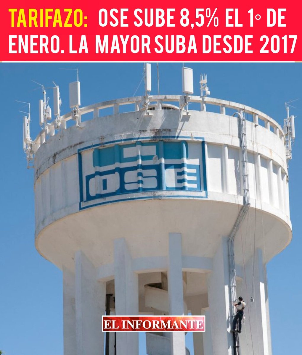 🔴 𝗧𝗔𝗥𝗜𝗙𝗔𝗭𝗢. 𝗢𝗦𝗘 𝗦𝗨𝗕𝗘 𝟴,𝟱%

▶️ La suba de OSE el 1° de enero encubre una enorme suba impositiva. El gobierno está violando lo que prometió en la campaña electoral, y está reventando a impuestos a los uruguayos. Es la mayor suba de OSE desde 2017.