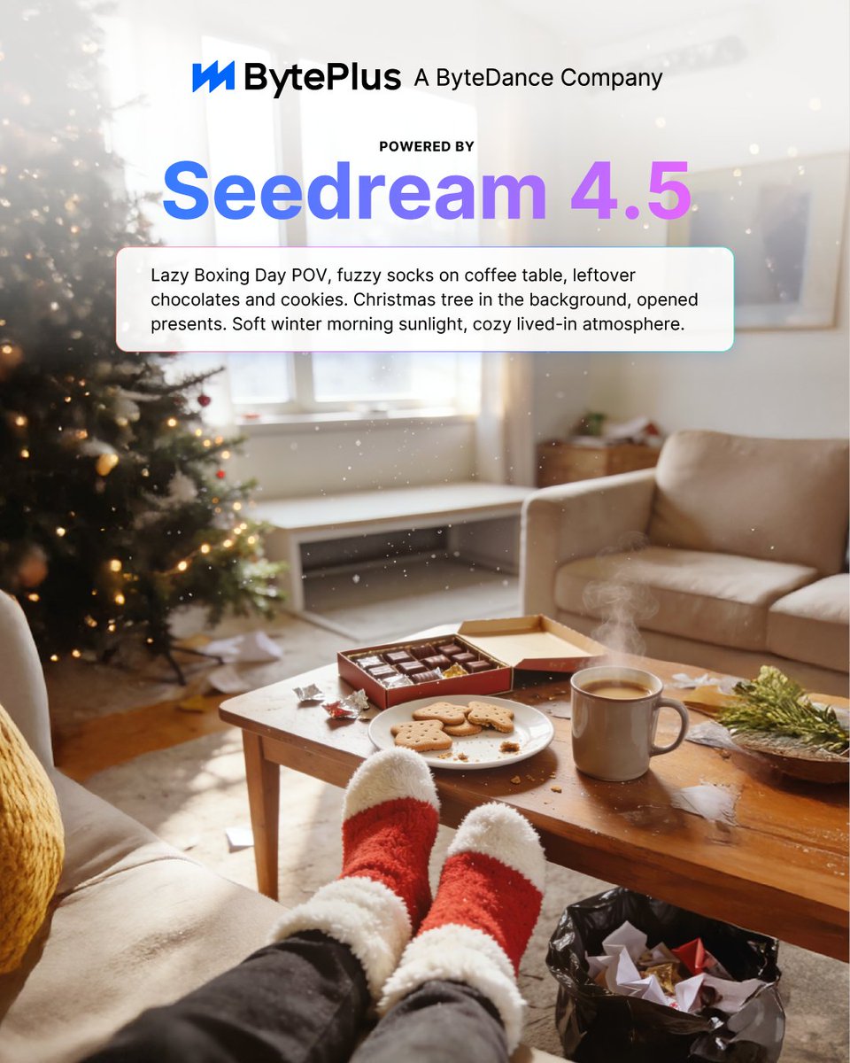 BytePlusGlobal's tweet photo. Boxing Day vibes: leftovers taste better, pajamas are still acceptable attire, and we're somewhere between "what day is it?" and "should we finally take the tree down?" 🎄😴 How are you spending yours? 

#BoxingDay #PostChristmasChill #BytePlusX #Seedream https://t.co/pygv6bfHao