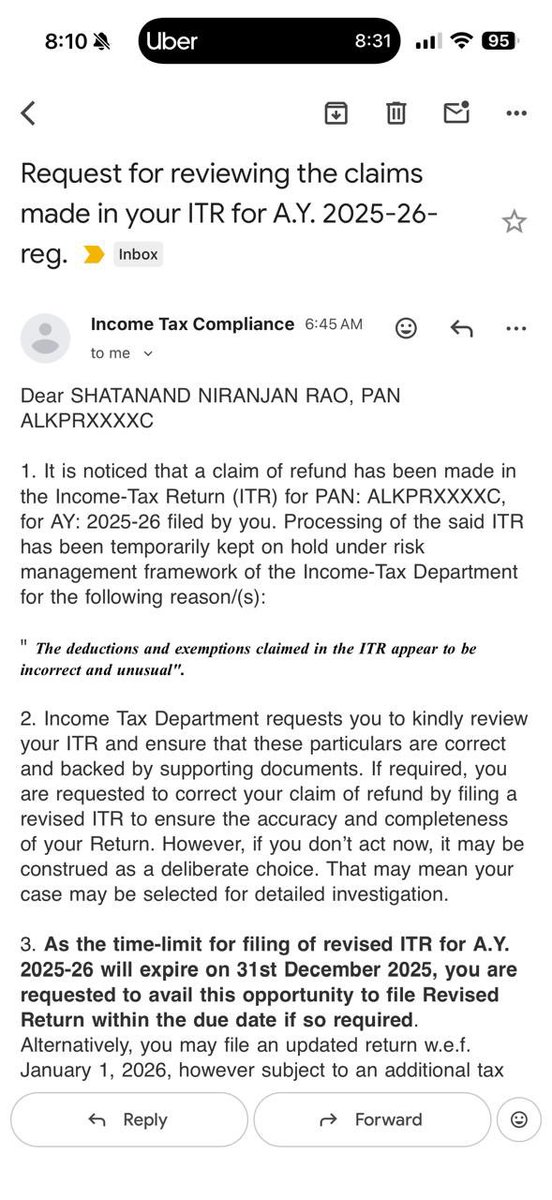 We live in a country where even after filing our returns on time and paying our taxes in full, yet <a href="/IncomeTaxIndia/">Income Tax India</a> <a href="/FinMinIndia/">Ministry of Finance</a> <a href="/nsitharaman/">Nirmala Sitharaman</a> I am told I am claiming refund as my claims are unusual? Really? Your pushing people like us out of india 😞