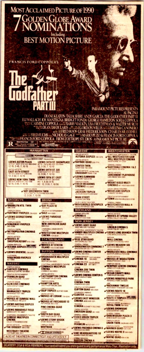 ClassicHBOGuide's tweet photo. Released #OTD 35 years ago today in 1990 in U.S. theaters - Francis Ford Coppola's first version of THE GODFATHER PART III - newspaper ads, still #godfathercoda #Godfather3 #Godfather https://t.co/Td64tOU66R