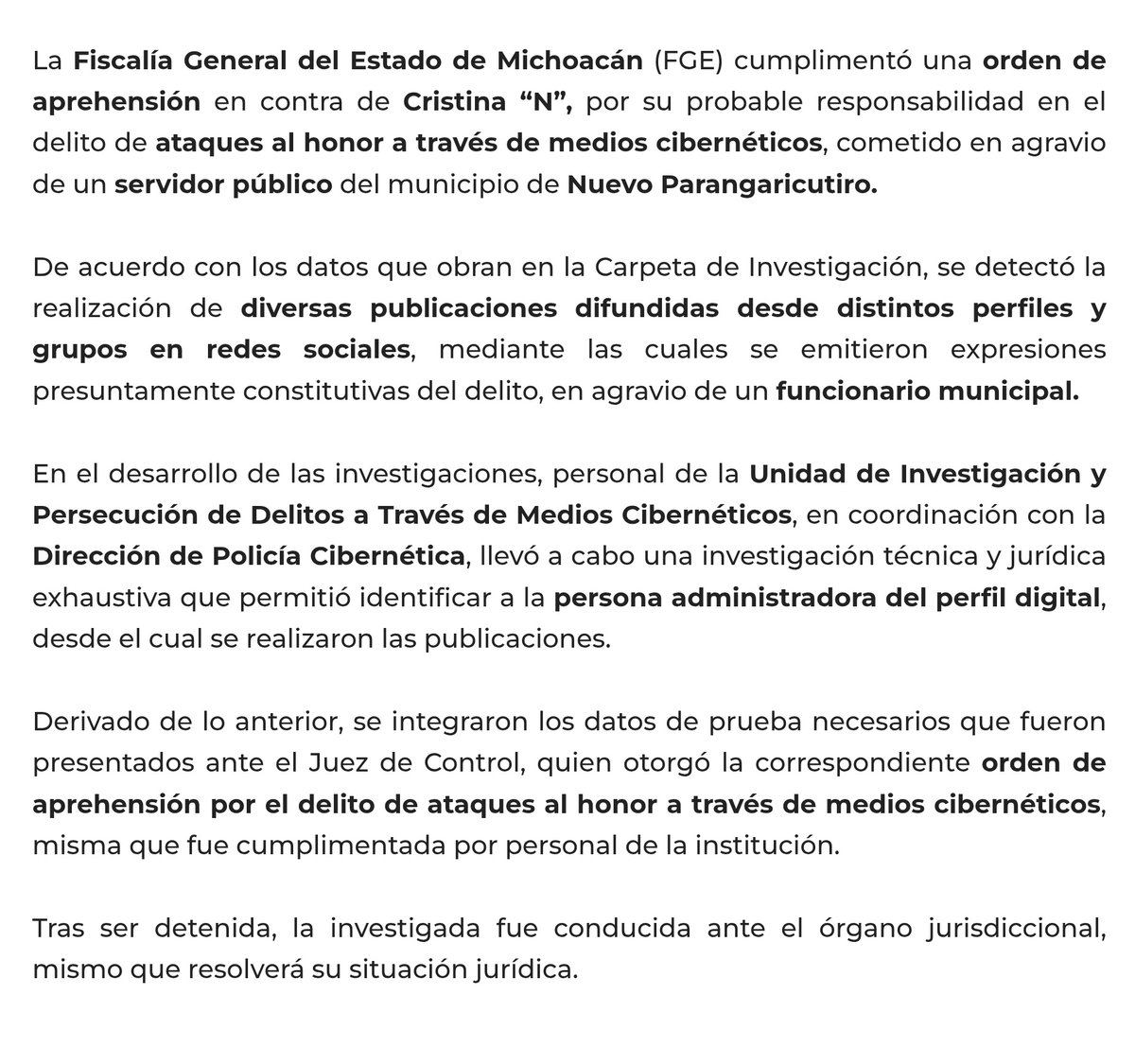 jorgegogdl's tweet image. Detienen a una mujer en Michoacán por el delito de "ATAQUES AL HONOR POR MEDIOS CIBERNÉTICOS", luego de que criticara a un funcionario del municipio de San Juan Nuevo Parangaricutiro. El michoacán de @ARBedolla donde hay presos por criticar a políticos. 🤢