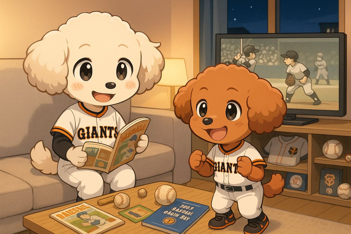 本日のワンショット🐶
🐾ほのぼのシリーズ🐾

懐かしのプレーに歓声を上げるくぅちゃんとてんちゃんの姿が微笑ましい⚾️✨

グッズと雑誌に囲まれたリビングがまるで小さな野球博物館📚🔥

今日は特別な夜⭐

でちゅ～～～🐶✨💕💕💕
#愛犬
#トイプー
#AIイラスト
#プロ野球誕生の日