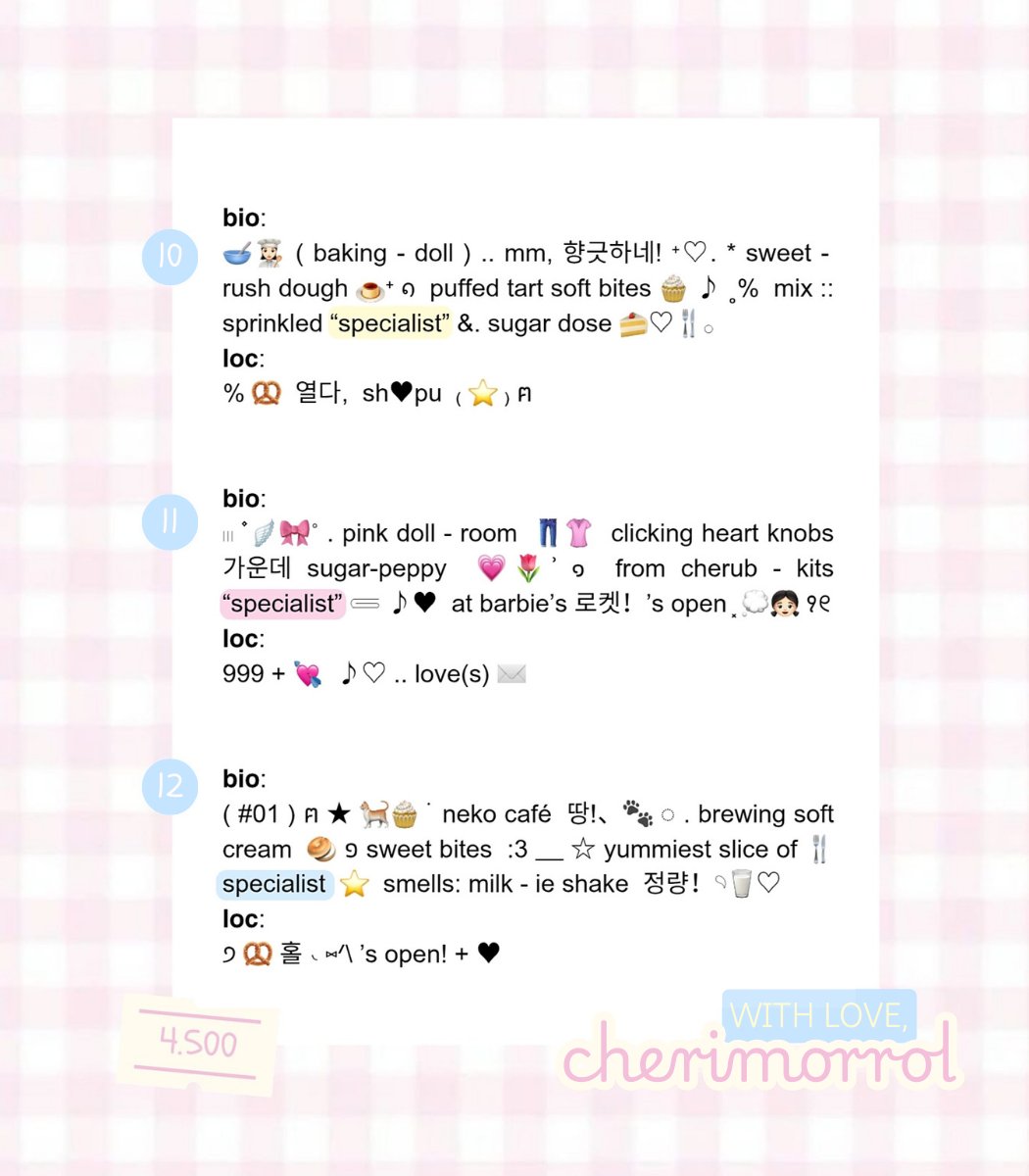 cherimorrol's tweet image. ⠀
⠀🫙🐰 ..  ’mlo,  help  rt,  thankyou!  💗

cheyi’s  bio &amp;amp; loc  ( ready! )⠀⭐🍎🍀
ฅ  prici  4.5k / each

🍮  free adjustments :
⠀⠀ +⠀adding ur “specialist”
⠀⠀ +⠀kalau nggak mau ada “specialist”
⠀⠀⠀⠀boleh req untuk diganti kata lain!

n. ) 💭⠀wording #zonauang
⠀