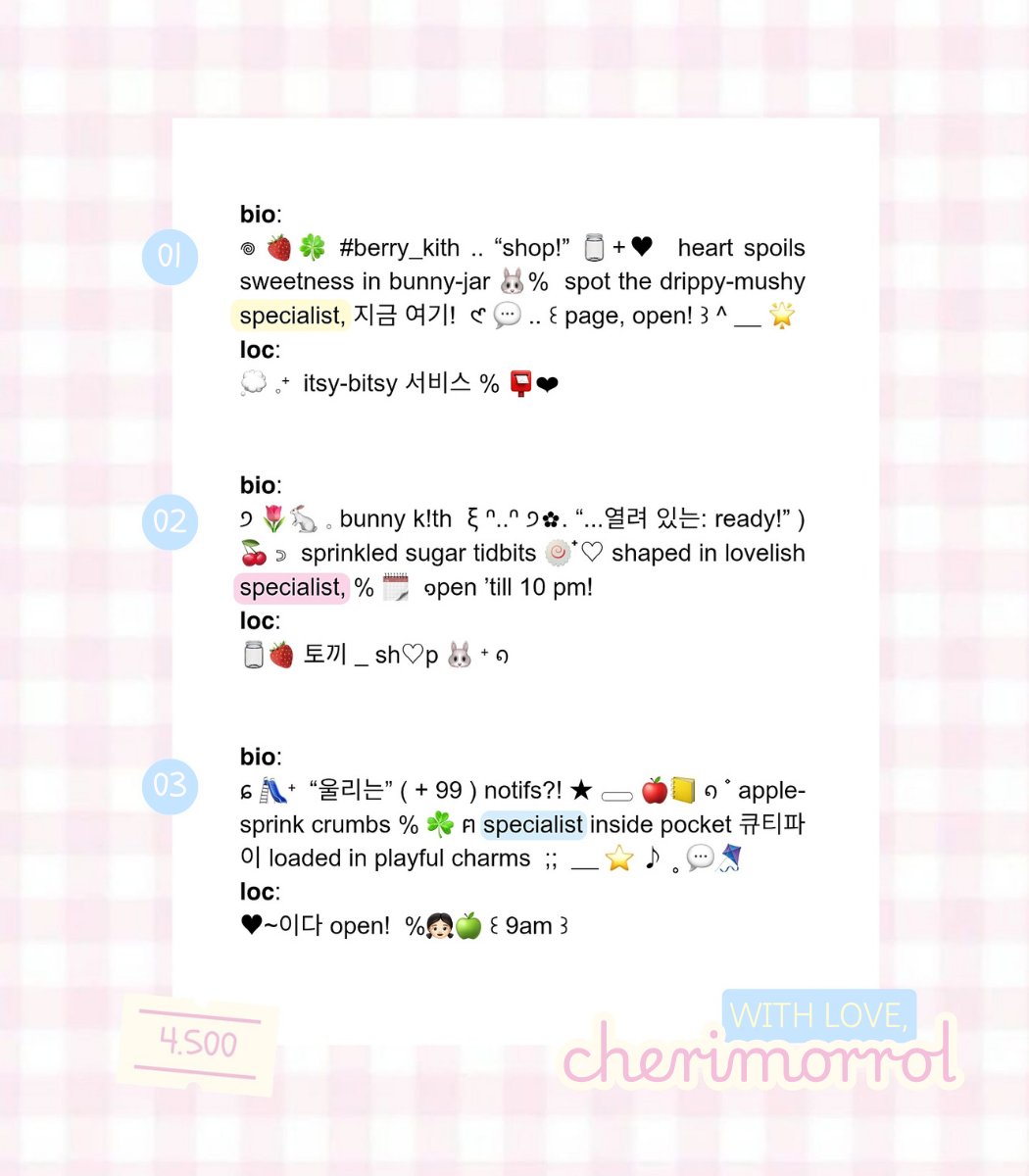 cherimorrol's tweet image. ⠀
⠀🫙🐰 ..  ’mlo,  help  rt,  thankyou!  💗

cheyi’s  bio &amp;amp; loc  ( ready! )⠀⭐🍎🍀
ฅ  prici  4.5k / each

🍮  free adjustments :
⠀⠀ +⠀adding ur “specialist”
⠀⠀ +⠀kalau nggak mau ada “specialist”
⠀⠀⠀⠀boleh req untuk diganti kata lain!

n. ) 💭⠀wording #zonauang
⠀