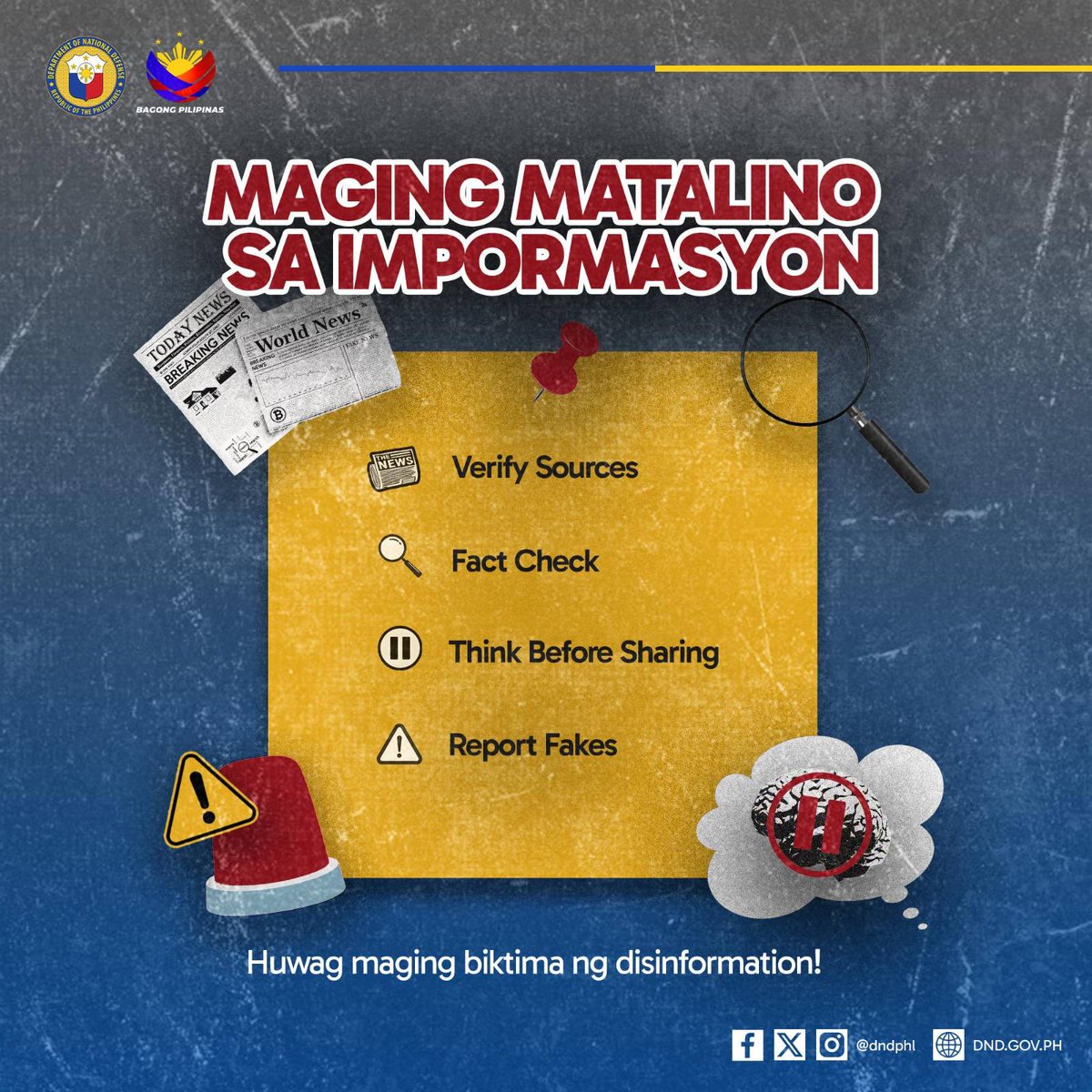 NO TO DISINFORMATION SA 2026! May dulot na panganib ang maling impormasyon. Bago mag-react o mag-share:

1⃣Suriin ang source 
2⃣I-verify ang balita
3⃣Mag-isip bago mag-post
4⃣I-report ang fake news

Sa pagpasok ng bagong taon, sama-sama nating #LabananAngDisinformation!
