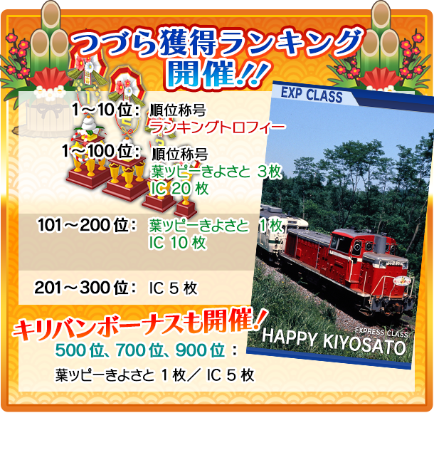 ptrain_official's tweet photo. 【運営より】いつもご利用ありがとうございます。
昨日更新のイベントページ内順位報酬の記載に誤りがございましたので修正いたしました。

101～200位の報酬「葉ッピーきよさと」は１枚となります。
#プラトレ https://t.co/nEea1arfYa