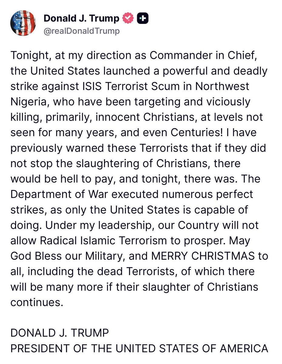 Thank you <a href="/realDonaldTrump/">Donald J. Trump</a> and <a href="/DeptofWar/">Department of War 🇺🇸</a>  for doing the needful please we need more air strike to keep our country safe