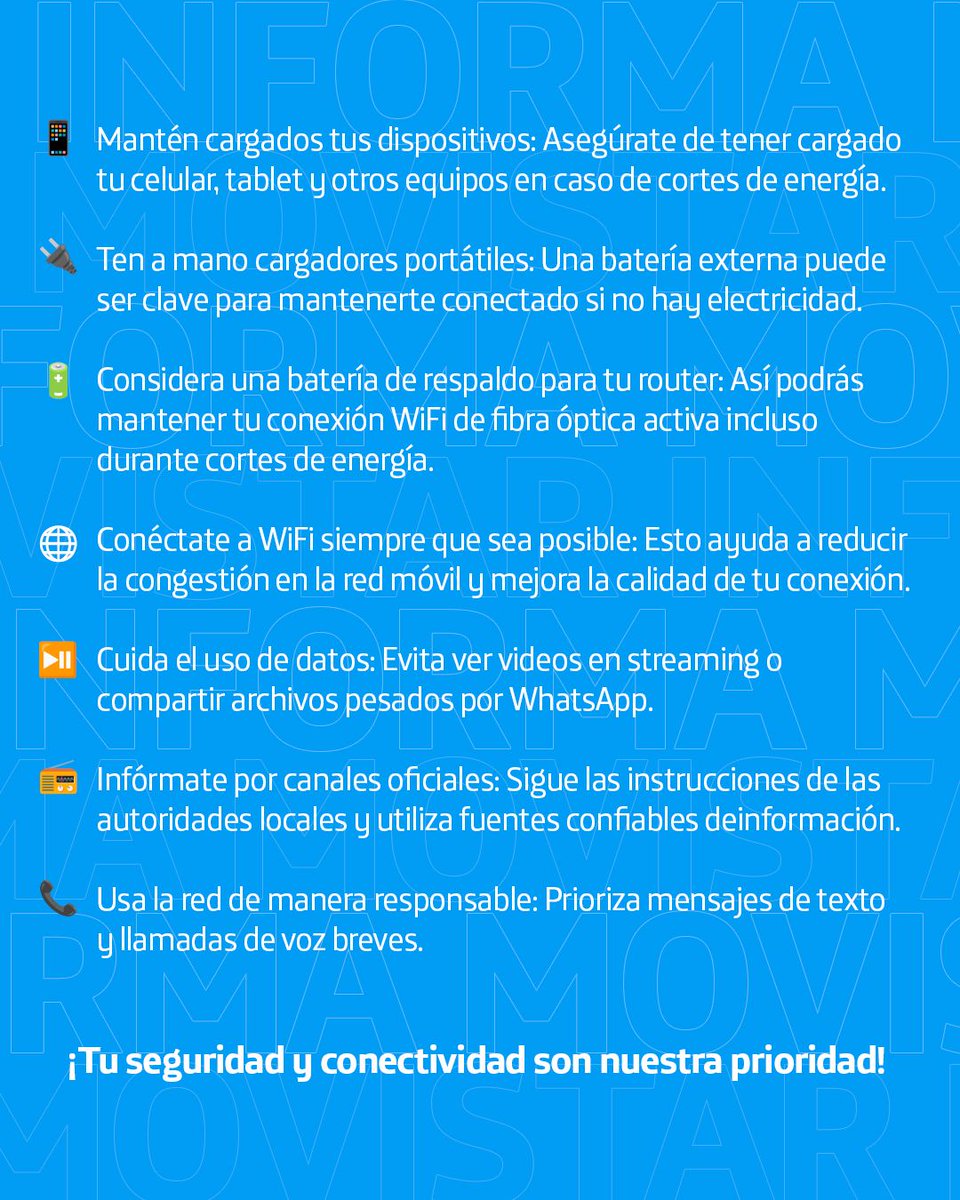 📷 🔵Movistar Informa: Ante situaciones de emergencia, queremos ayudarte a mantenerte seguro y comunicado.
Si estás en zona afectada, dejamos algunos consejos