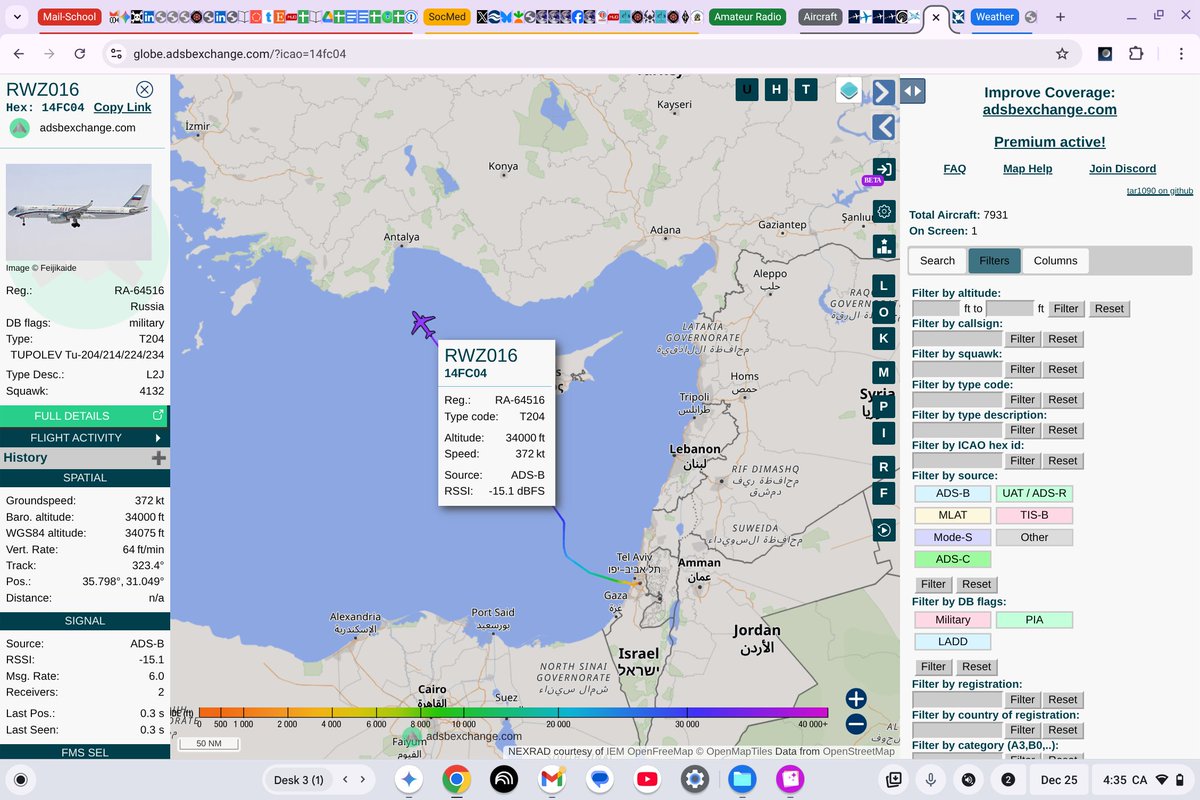 PeterVogel's tweet photo. Russian military Tupolev Tu-204 out of Ben Gurion Airport early on Dec 26. Seen here about 2:30 AM local. RA-64516. As RWZ016. #14FC04.
@Borrowed7Time @RBbethetruth @sentdefender @steffanwatkins @thenewarea51 https://t.co/uZAnIQVfN0