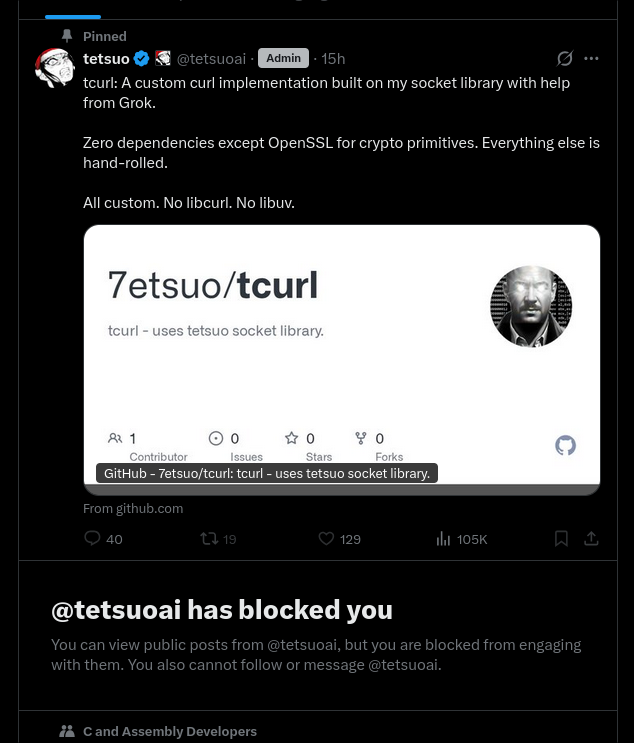 vmfunc's tweet image. tetsuo still has me blocked and his team says that kind of bs..

alright then, i just looked at the repo that he published, and took the time to review the code again:

found 12+ critical security vulnerabilities. executable stack enabled via setjmp/longjmp with comments claiming…